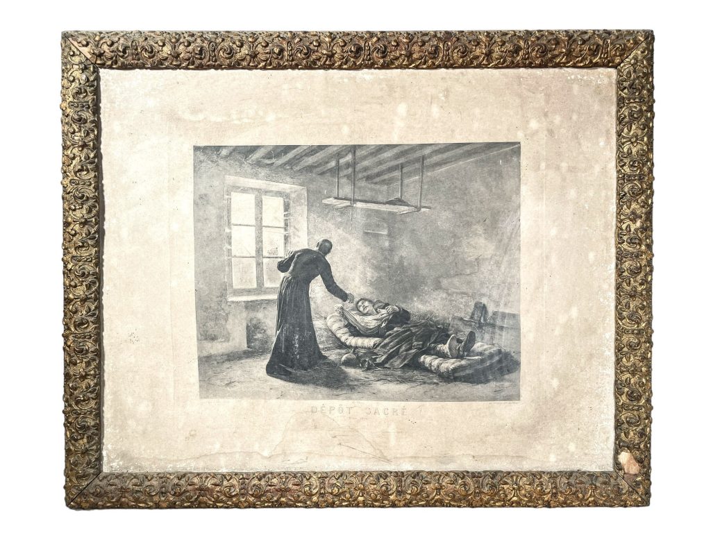 Antique French Depot Sacre Metz Injured Soldier Print Napoleonic War Embellished Wooden Large Wooden Frame circa 1870’s