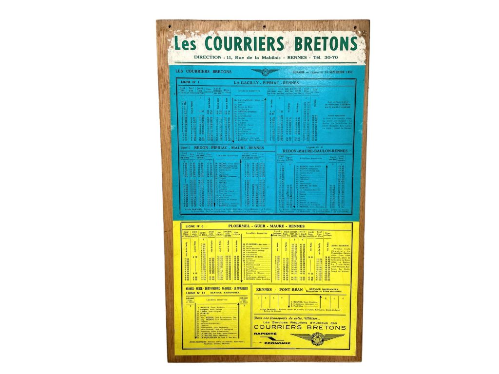 Vintage French Bus Stop Coach Timetable Courriers Bretons La Gacilly Rennes Ploermel circa 1957