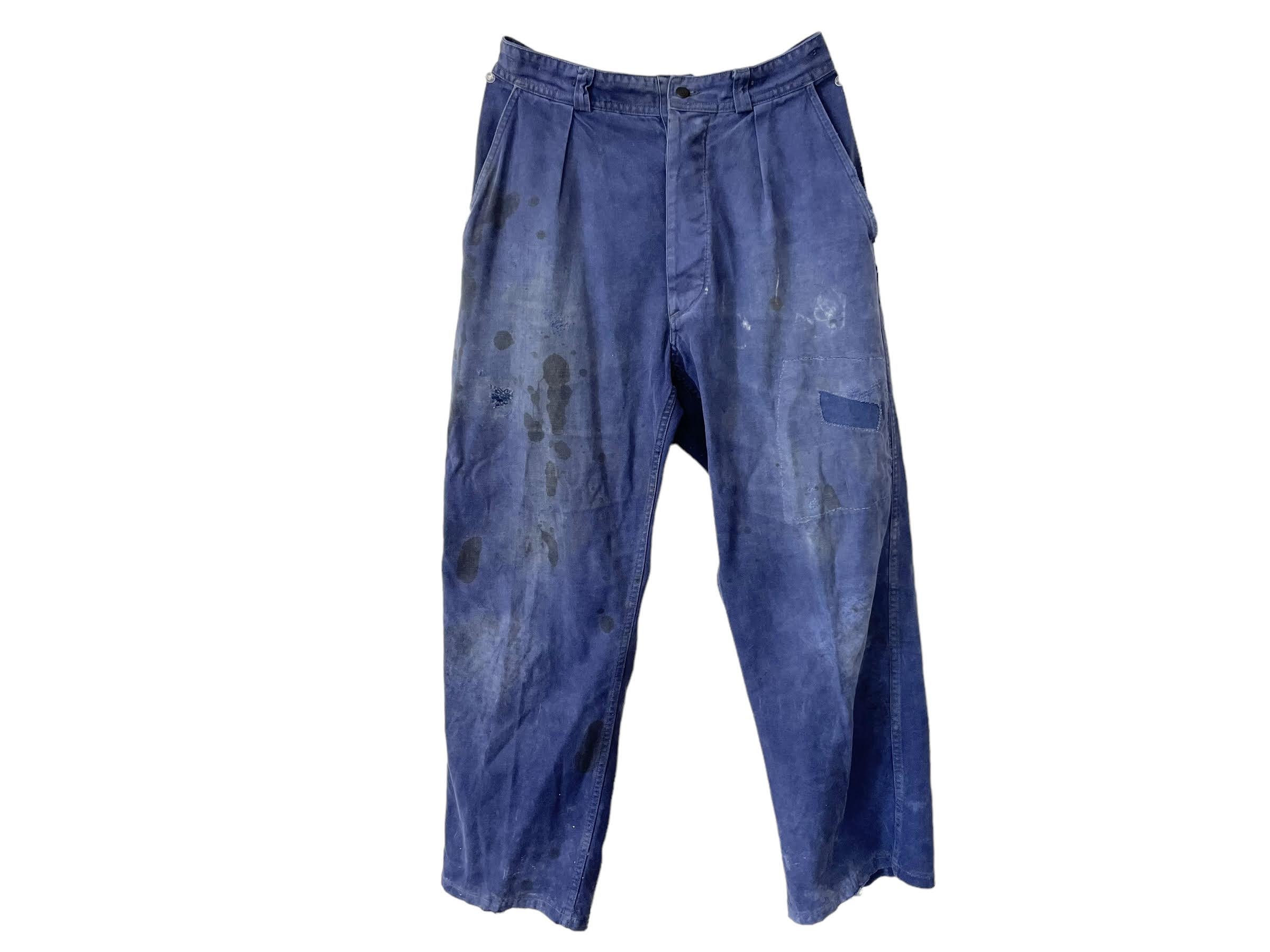 Vintage French Work Pants Trousers Bottoms Mended Clothes Blue French Size  S 1950's | European Vintage Emporium