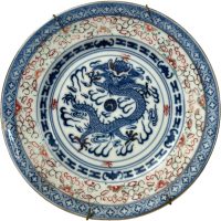 Alternative view of Vintage Chinese Blue White Red Small Ceramic Saucer Plate With Wall Hanger Serving Bowl Dish Table Wall Decor c1950's