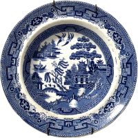 Alternative view of Vintage Chinese Blue Willow White Ceramic Bowl Saucer Plate With Wall Hanger Serving Bowl Dish Table Wall Decor c1950's