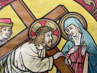 Alternative view of Vintage Belgian Jesus Christ & Cross Brocade Material Art Work Lord Religious Church Chapel Wall Hanging Decoration circa 1940-50's