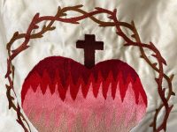 Alternative view of Vintage French Sacred Heart Fleur De Lys Embroidered Satin Brocade Art Lord Religious Church Chapel Wall Hanging Or Carried c1960's