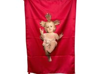 Vintage Chinese Fabric Print Of Baby Jesus On Red Material Art Work Lord Religious Church Chapel Decoration circa 1990-2000