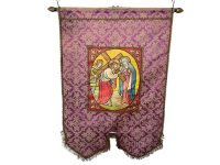 Vintage Belgian Jesus Christ & Cross Brocade Material Art Work Lord Religious Church Chapel Wall Hanging Decoration circa 1940-50's