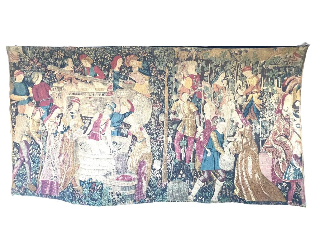 Vintage French Les Vandages 15th Century Reproduction Artis Flora Large Hanging Press Printed Tapestry Wall Hanging Decor c1960-70’s
