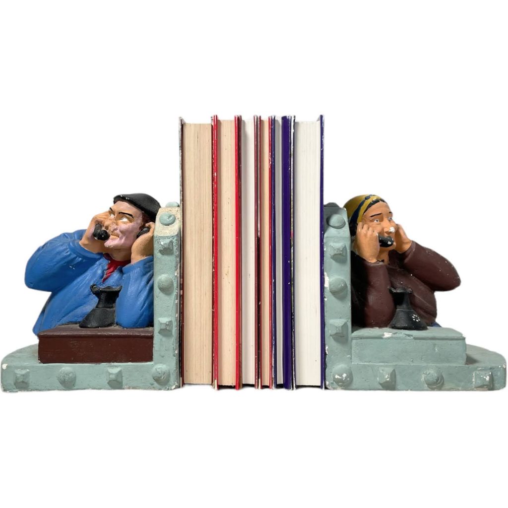 Vintage French Man & Woman On Phone Plaster Painted Book Ends Bookends statue figurine ornament circa 1950-60’s