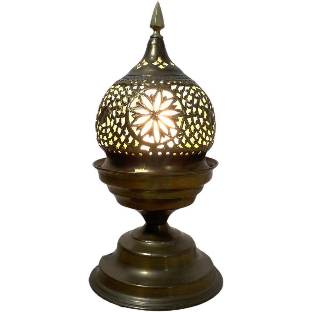 Vintage Moroccan Brass Lattice Lace Desktop Table Top Lamp Light Candle Tealight Shade Lampshade Electric circa 1970’s