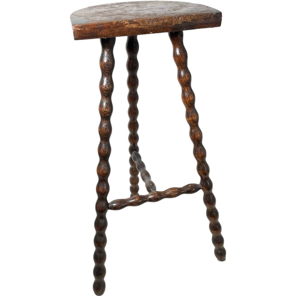 Stool Vintage French Traditional Worn Weathered Repaired D Tall Stool Chair Stand Bobbin Leg Rest Plinth Seating Tabouret c1950-60’s