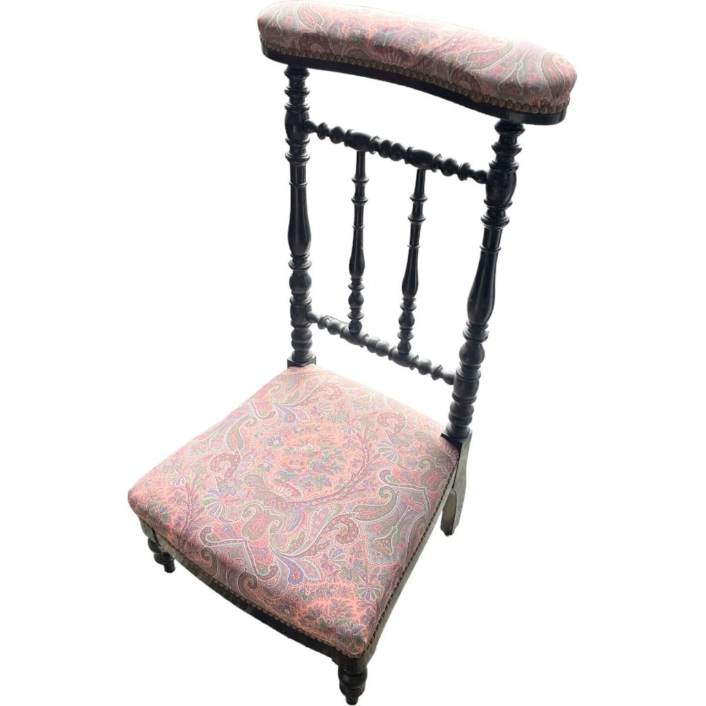 Antique French Wooden Wood Refurbished Pink Paisley Fabric Prayer Kneeling Stool Chair Nursing Seating Kneel Pray Dark Brown 1910-20’s
