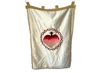 Vintage French Sacred Heart Fleur De Lys Embroidered Satin Brocade Art Lord Religious Church Chapel Wall Hanging Or Carried c1960's