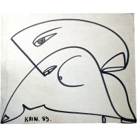 Vintage French Original Art Krin 89 Abstrat Pen Acrylic Portrait Person People Wall Decor Canvas circa 1989