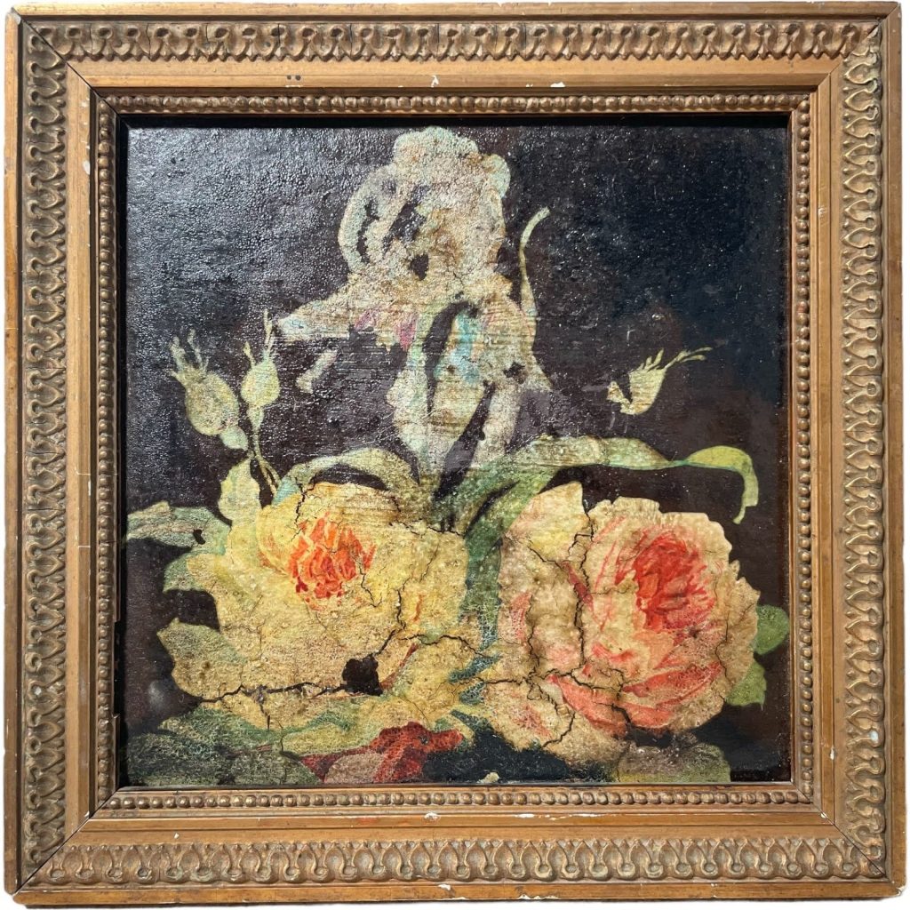 Vintage French Painted Rose Flower Flowers Block Print Painting Framed Wall Decor c1950’s