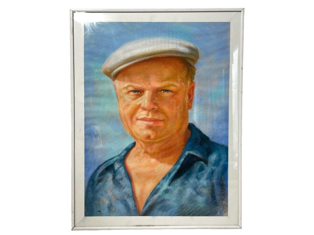 Vintage French Pastel Drawing Sketch Study Portrait Man In Cap “Looks Familiar” Wall Hanging Original Art c1980’s