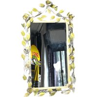Vintage French Toleware Flower Metal Leaf Fancy Framed White Green Wall Hanging Mirror c1980-90's