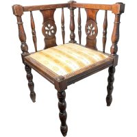 Vintage French Corner Chair Gold Fabric Material Upholstered Wooden Brown Wood Work Rest Seating c1940-50's