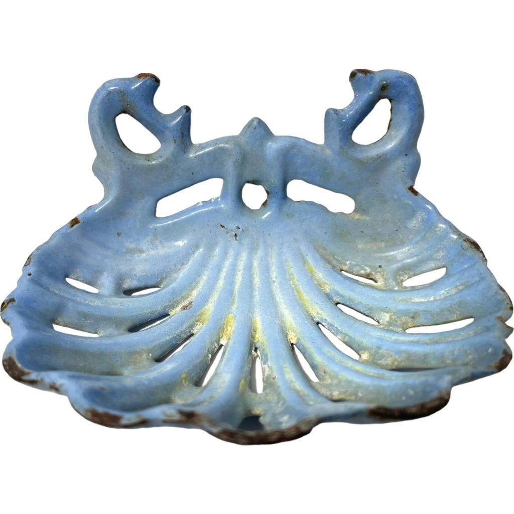Vintage French Shell Oyster Blue Rusty Cast Iron Metal Soap Dish Holder Wall Mounted circa 1950’s