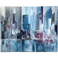 Vintage French Original Painting Blue City Skyscraper Scene Houses Buildings Acrylic Wall Decor Canvas circa 1990's