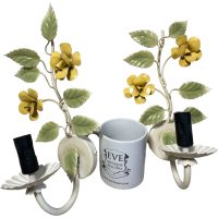 Alternative view of Vintage French Toleware Style Metal Flower Petal Leaf Shaped Wall Hanging Electric Pendant Lamp Light Pair Shabby Chic c1980's