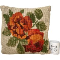 Alternative view of Vintage French Cross Stitch Pillow Pillows Red Roses Flowers Couch Bed Chair Sofa circa 1970-80's