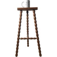 Alternative view of Vintage Stool French Tall Wooden Wood Bar Chair Seat Kitchen Table Farm D Shaped Seat Braced Tabouret c1960-70's