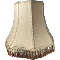 Alternative view of Vintage French Beige Brocade Natural Silk Tassle Fringe Lamp Shade Lampshade Desk Table Light WORN DAMAGE c1960-70's