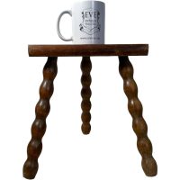 Alternative view of Vintage French Stool Seat Wooden Milking Table D Shaped Seat Bobbin Leg Plant Rest Stand Plinth Tabouret c1960's