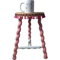Alternative view of Vintage French Twisty Spiral Medium Stool Refurbished Pink Tassles Rustic Rural Table Wooden Wood Chair Seat Stand Pot c1950-60's