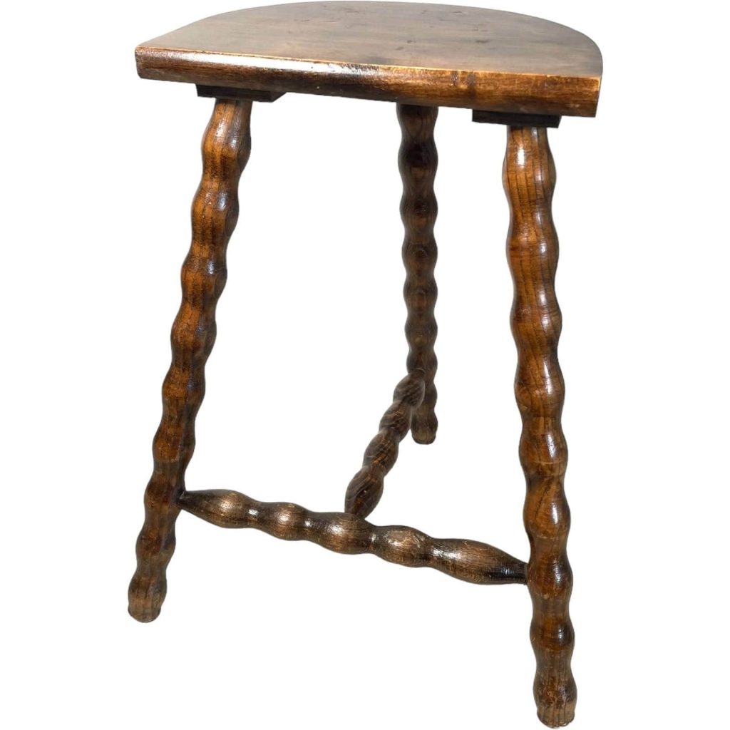 Vintage French Stool Chair Seat Wooden Milking Kitchen D Shaped Seat Braced Bobbin Leg Plant Rest Stand Plinth Tabouret c1950-60’s