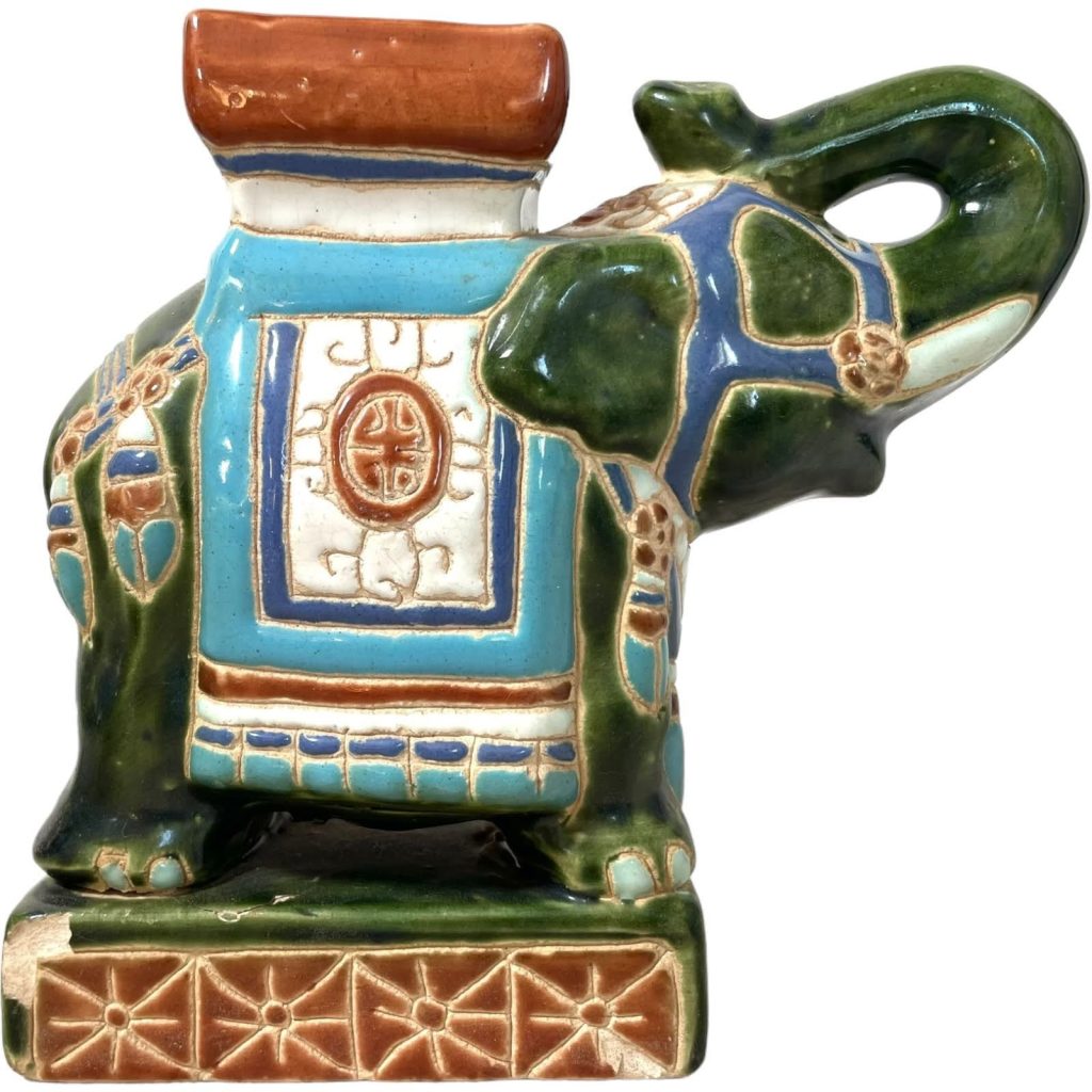 Vintage Small Chinese Elephant Ceramic Pot Stand Plinth Rest Blue Brown Green Small Vase Pot c1970-80’s