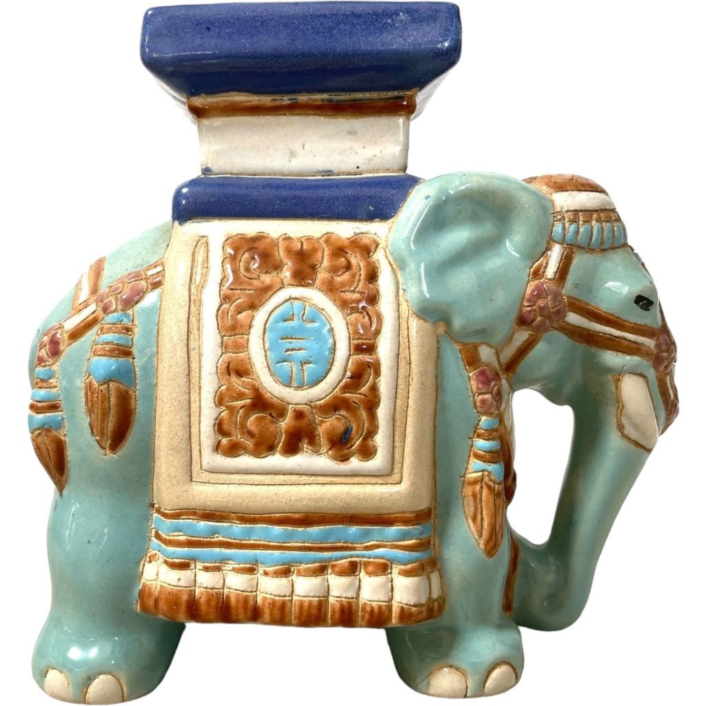 Vintage Small Chinese Elephant Ceramic Pot Stand Plinth Rest White Blue Brown Small Vase Pot c1970-80’s