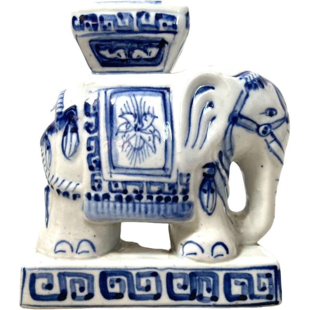 Vintage Small Chinese Elephant Ceramic Pot Stand Plinth Rest White Blue Small Vase Pot c1970-80’s