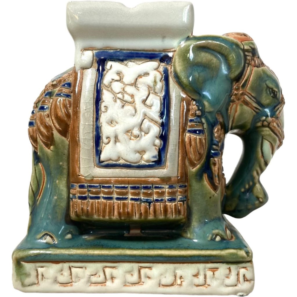 Vintage Small Chinese Elephant Ceramic Pot Stand Plinth Rest Brown Blue Green Small Vase Pot c1970-80’s