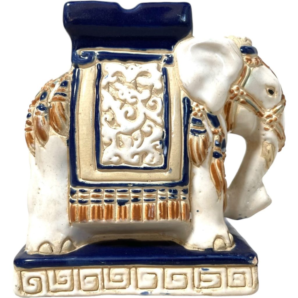 Vintage Small Chinese Elephant Ceramic Pot Stand Plinth Rest Brown Blue White Small Vase Pot c1970-80’s