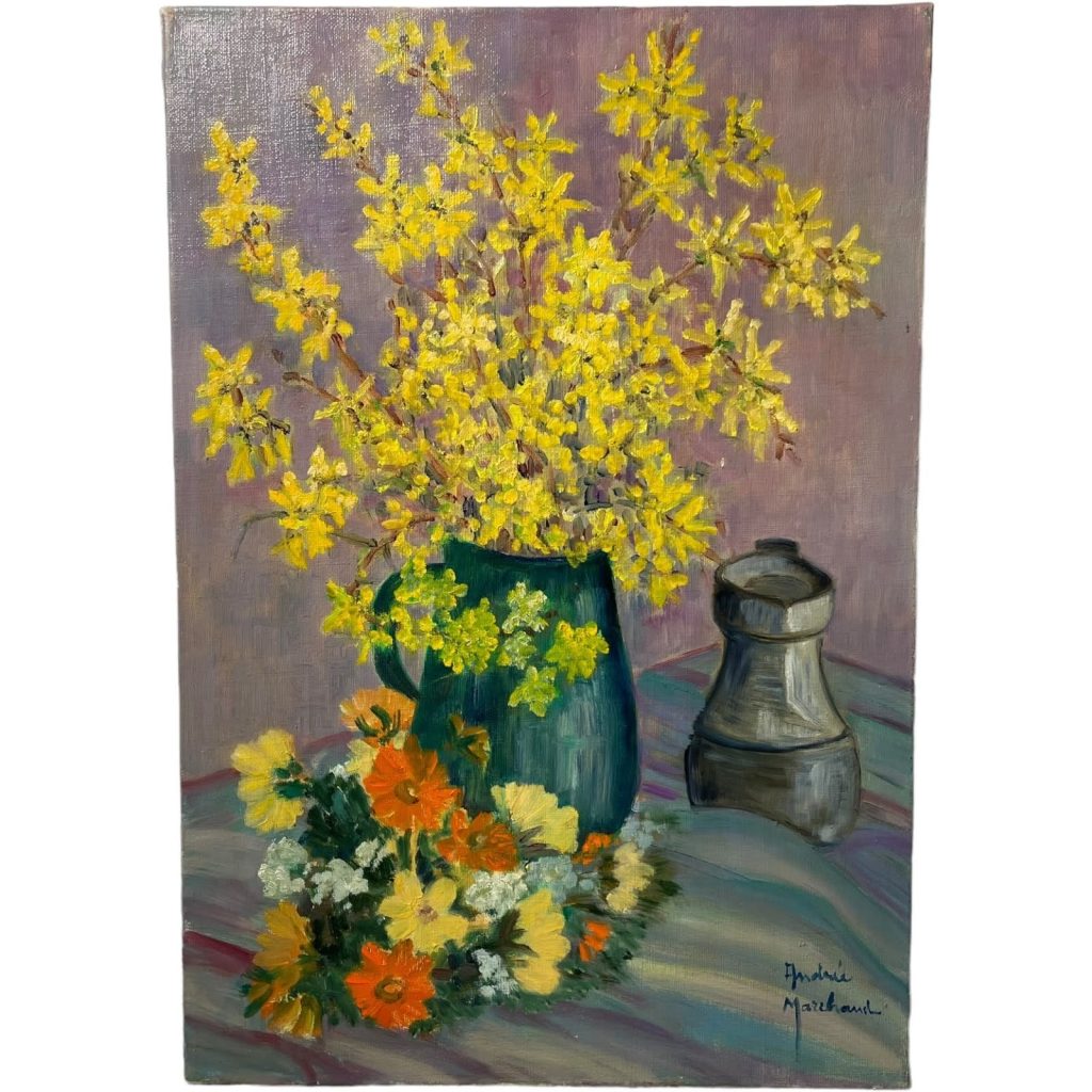 Vintage French Original Art Forsythia Yellow Flowers Oil Painting On Canvas On Wooden Frame Signed circa 1970-80’s