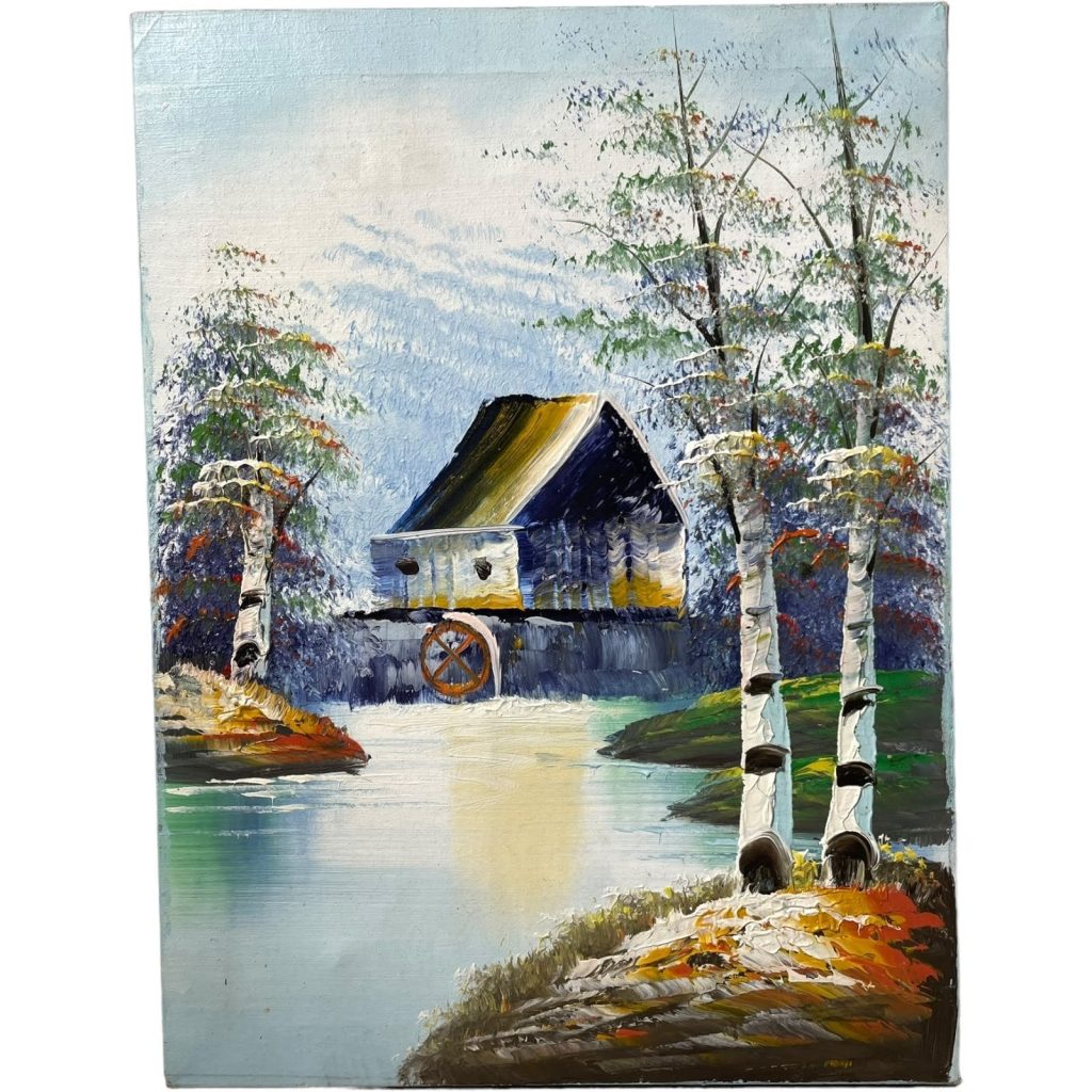 Vintage French Original Art Silver Birch Water Mill River Oil Painting On Canvas On Wooden Frame circa 1970-80’s