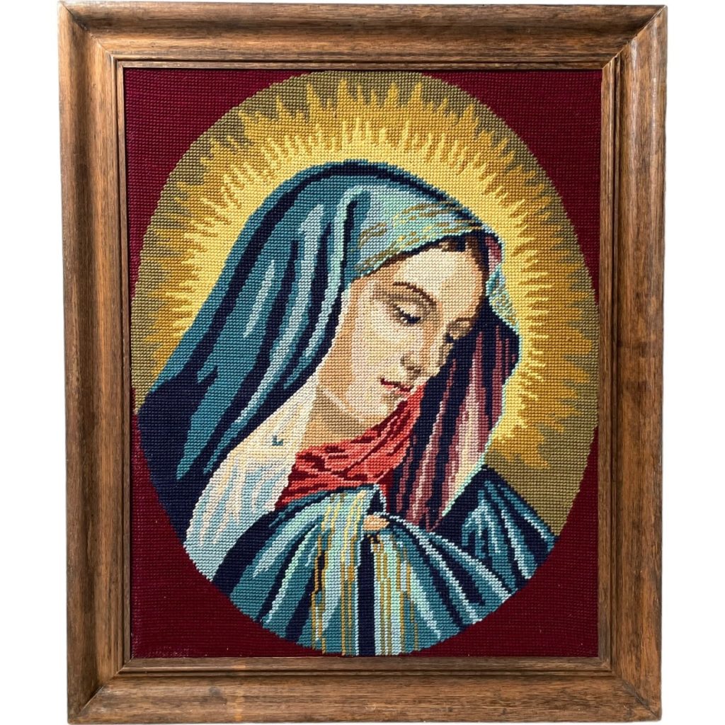 Vintage French Tapestry Religious Decoration Mary Saint Halo Mother Of Jesus Framed Wall Hanging circa 1950-60’s