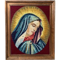 Vintage French Tapestry Religious Decoration Mary Saint Halo Mother Of Jesus Framed Wall Hanging circa 1950-60's