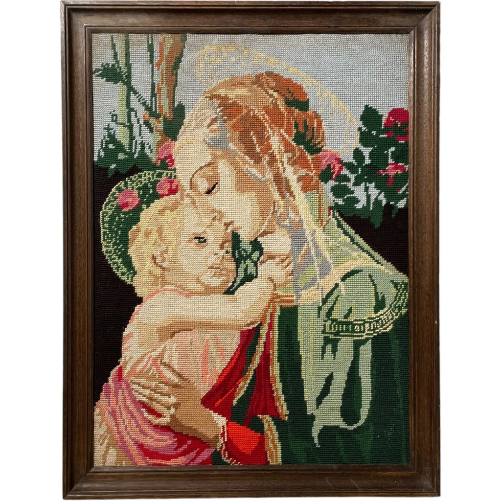 Vintage French Tapestry Religious Decoration Mary Saint Halo Mother Of Jesus Framed Wall Hanging circa 1950-60’s