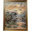 Vintage French Tapestry Sun Grass Seaside Beach Birds Framed Wall Hanging circa 1970's