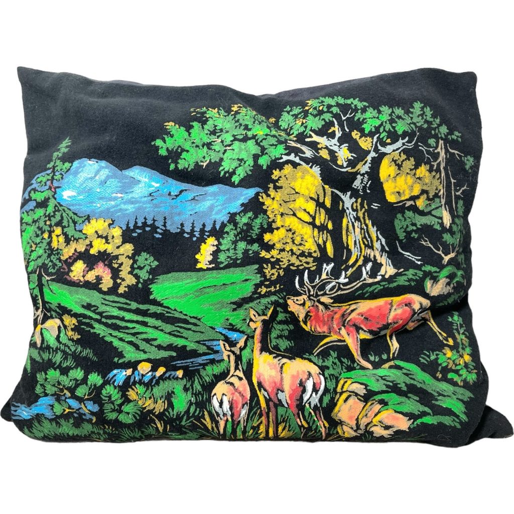 Vintage French Deer Family Mountains Paint Print Pillow Black Rectangle Square Decor for Couch or Sofa