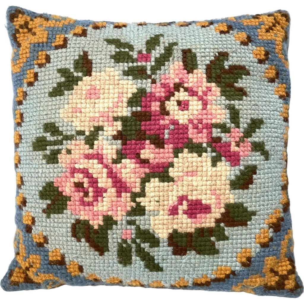Vintage French Cross Stitch Pillow Pillows Pink Roses Flowers Couch Bed Chair Sofa circa 1950-60’s