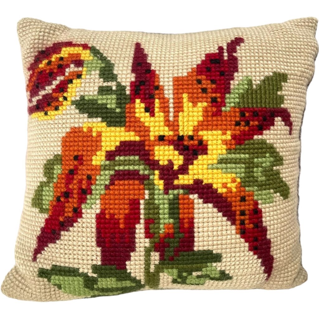 Vintage French Cross Stitch Pillow Pillows Red Yellow Flowers Couch Bed Chair Sofa circa 1960-70’s