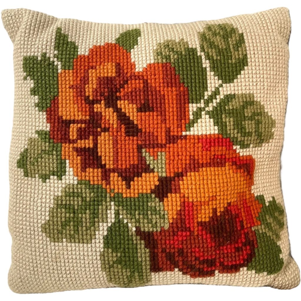 Vintage French Cross Stitch Pillow Pillows Red Roses Flowers Couch Bed Chair Sofa circa 1970-80’s