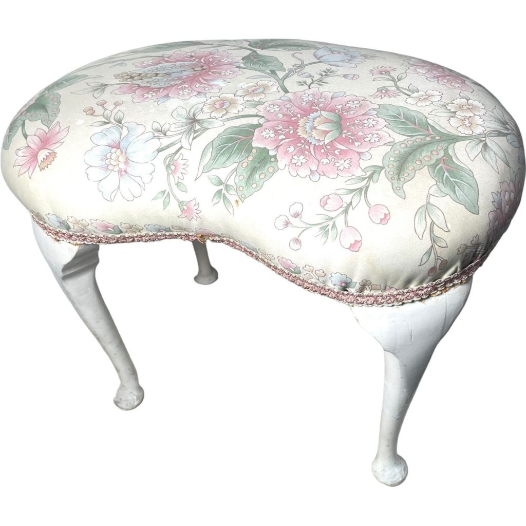Vintage French Cushioned Bedroom Boudoir Stool Cushion Padded Bench Wooden Wood Chair Seat Side Prop Floral Decoration c1960-70’s