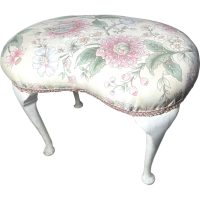 Vintage French Cushioned Bedroom Boudoir Stool Cushion Padded Bench Wooden Wood Chair Seat Side Prop Floral Decoration c1960-70's