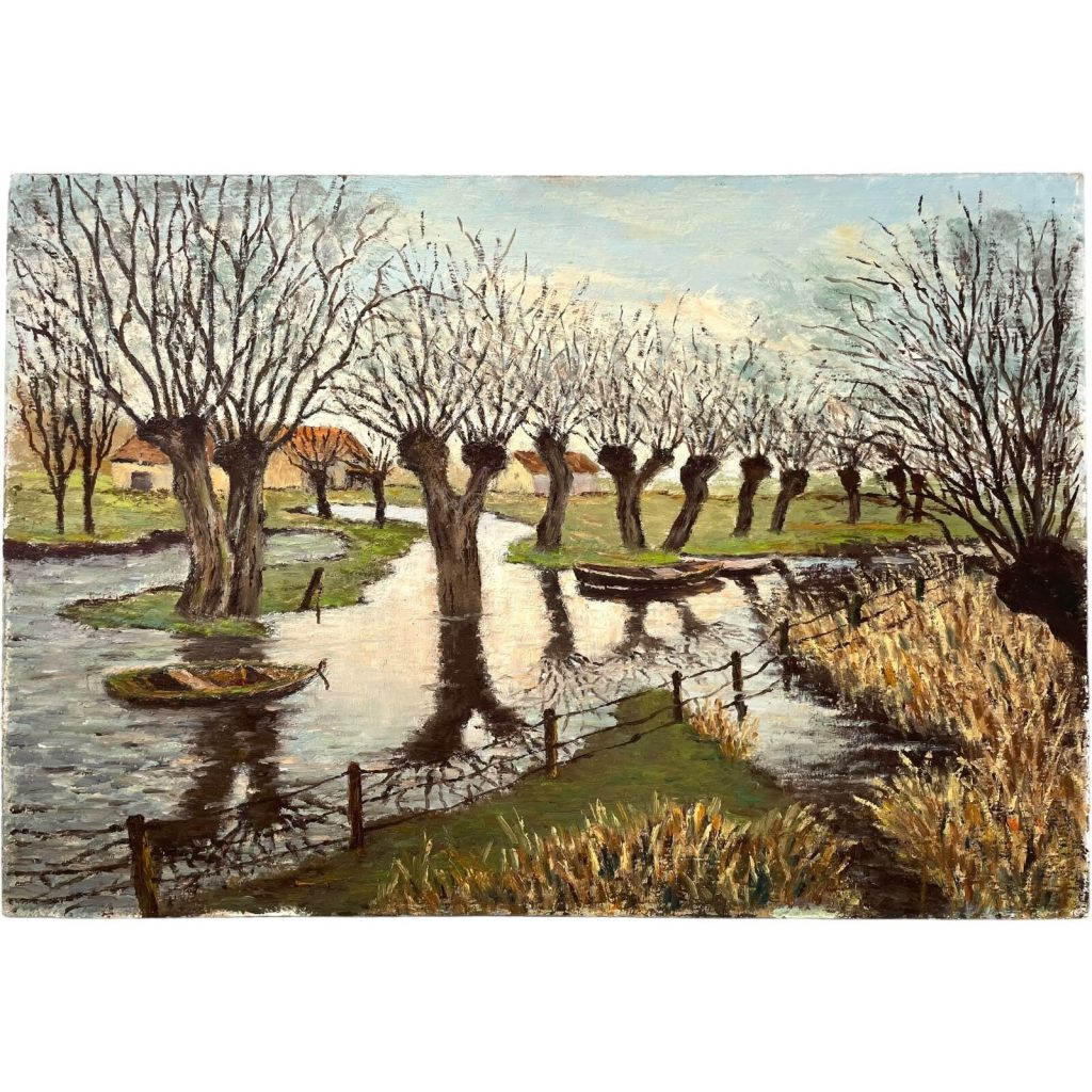 Vintage French Farmhouse River Woodland Flood Plain Painting Acrylic Skyline Bushes Trees Field Scenic Countryside On Board c1970’s