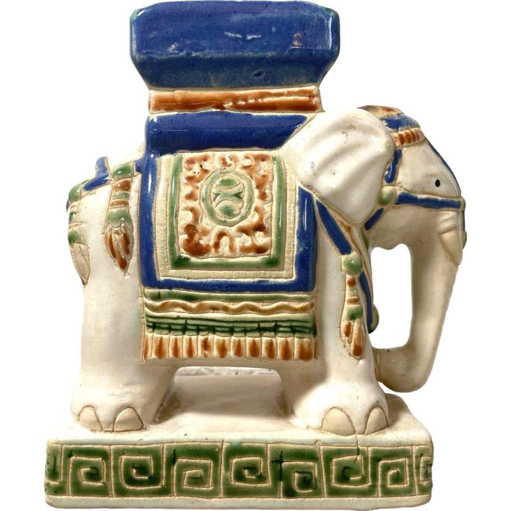 Vintage Small Chinese Elephant Ceramic Pot Stand Plinth Rest White Blue Green Small Vase Pot c1970-80’s