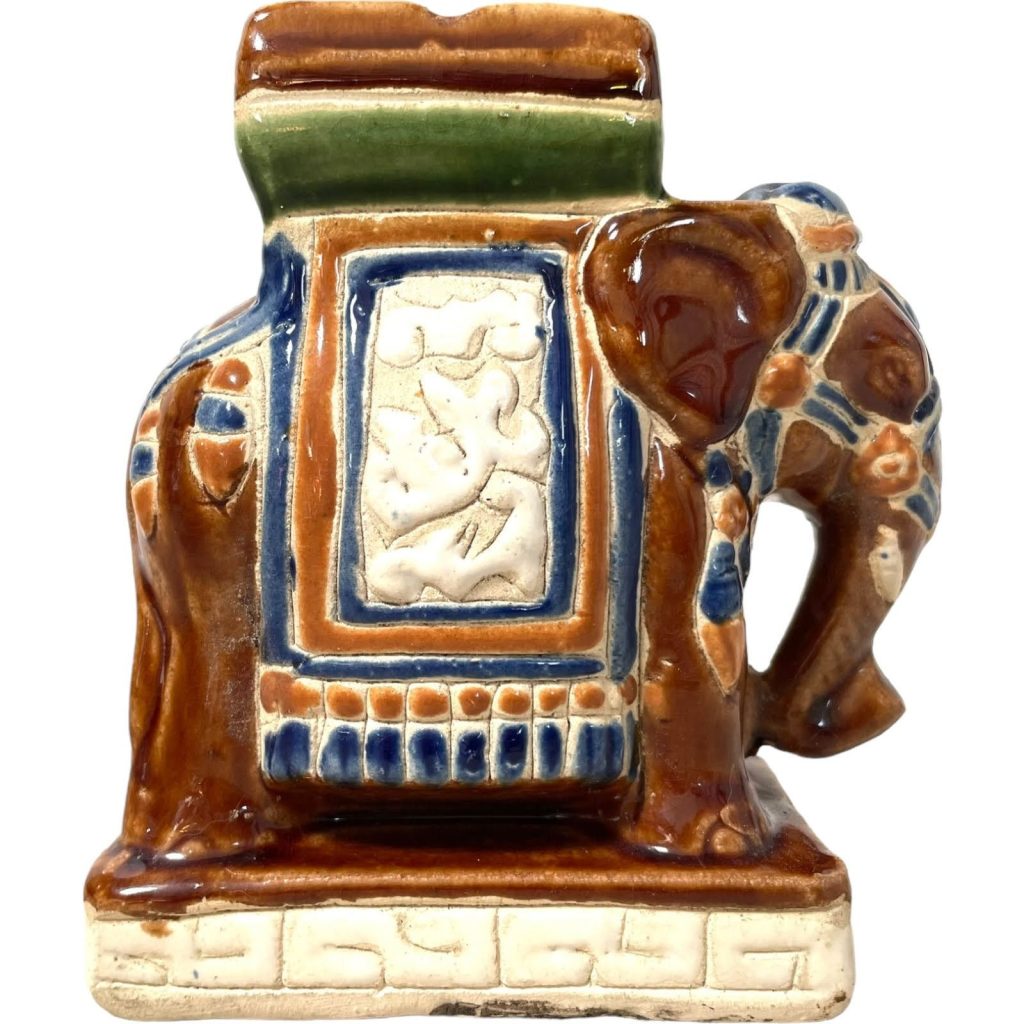 Vintage Small Chinese Elephant Ceramic Pot Stand Plinth Rest Brown Blue Green Small Vase Pot c1970-80’s