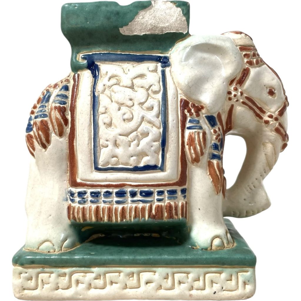 Vintage Small Chinese Elephant Ceramic Pot Stand Plinth Rest Brown White Green Small Vase Pot c1970-80’s